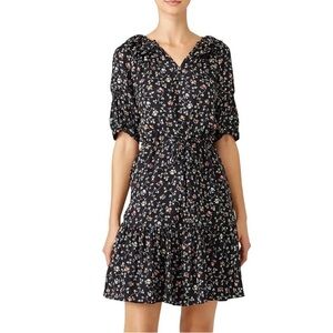 Rebecca Taylor Silk Ditsy Vine Floral Tiered Blouson Black Mini Dress sz 2